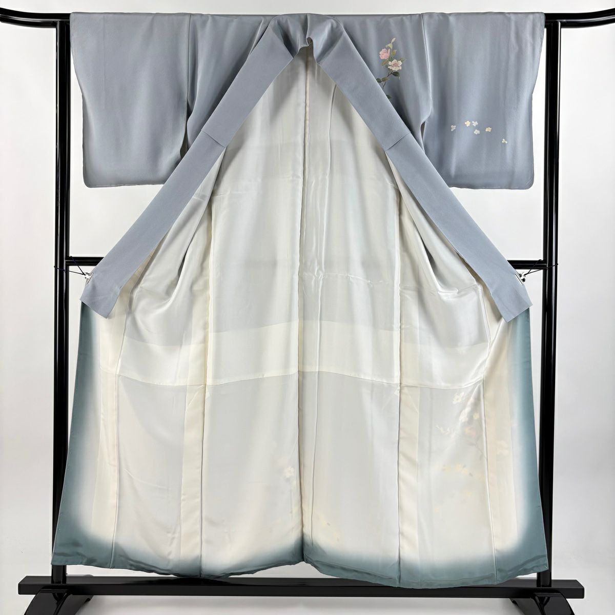 【庫存清倉】 付下 身長155.5cm 袖長62cm S 雙層 南克治 有落款 枝花 漸層 青灰色 純蠶絲 名品級