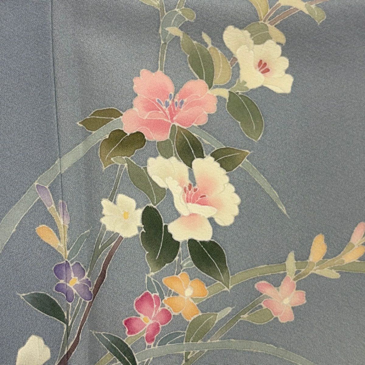 【庫存清倉】 付下 身長155.5cm 袖長62cm S 雙層 南克治 有落款 枝花 漸層 青灰色 純蠶絲 名品級