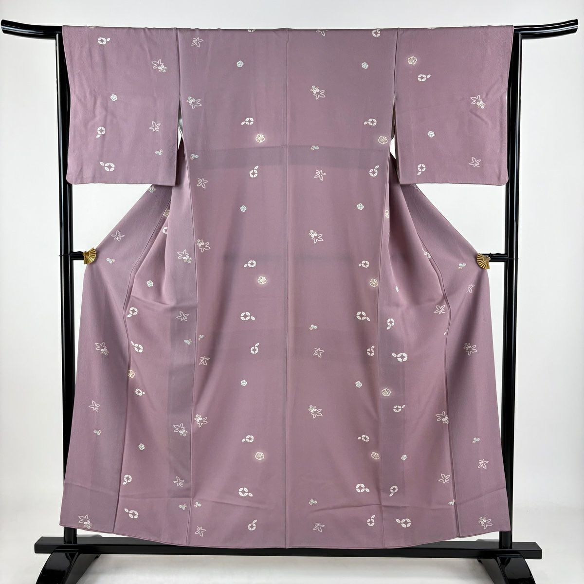 【庫存清倉】 【美品】 小紋 身長155.5cm 袖長64cm M 雙層 花 七寶紋 灰紫 純蠶絲 名品級