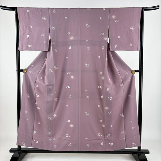 【庫存清倉】 【美品】 小紋 身長155.5cm 袖長64cm M 雙層 花 七寶紋 灰紫 純蠶絲 名品級