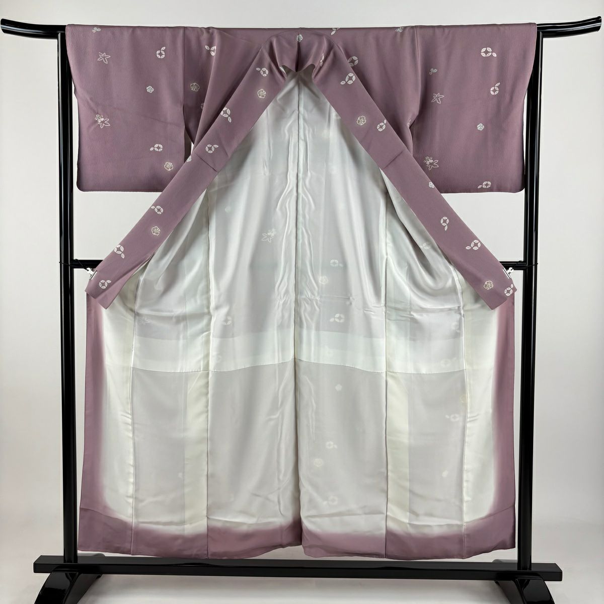 【庫存清倉】 【美品】 小紋 身長155.5cm 袖長64cm M 雙層 花 七寶紋 灰紫 純蠶絲 名品級