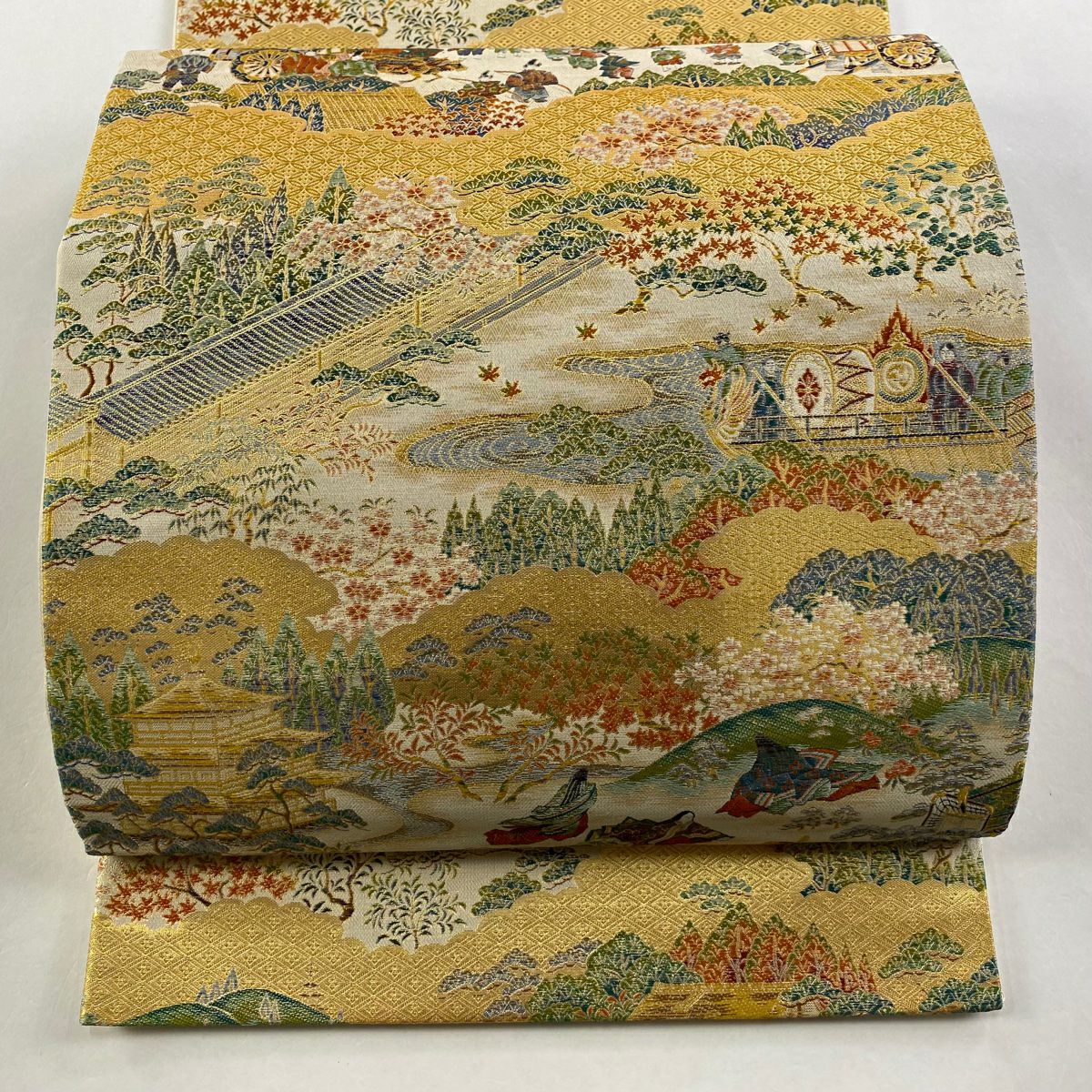 【美品】 袋帶 逸品級 洛西有職錦 壹千八百口織 洛中洛外圖 金絲 金金箔 金色 六通 純蠶絲