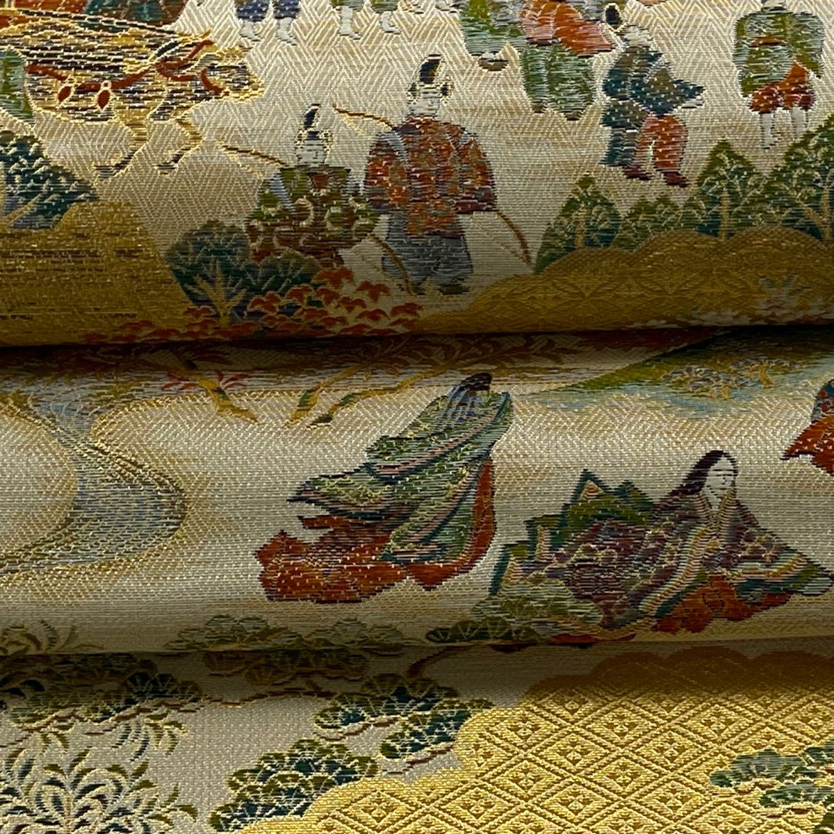 【美品】 袋帶 逸品級 洛西有職錦 壹千八百口織 洛中洛外圖 金絲 金金箔 金色 六通 純蠶絲
