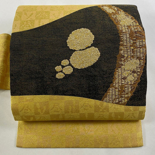 【美品】 名古屋帶 逸品級 幾何圖案 金絲 金金箔 金 純蠶絲