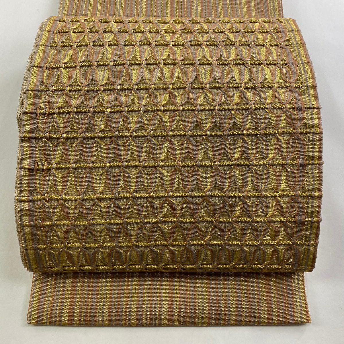 【美品】 袋帶 逸品級 條紋 幾何圖案 金絲 茶色 大鼓圖案 純蠶絲
