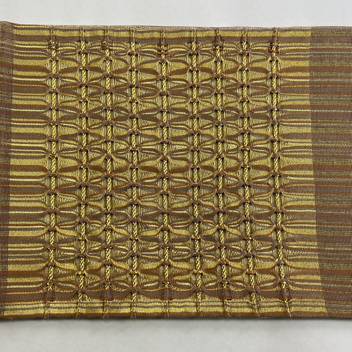【美品】 袋帶 逸品級 條紋 幾何圖案 金絲 茶色 大鼓圖案 純蠶絲