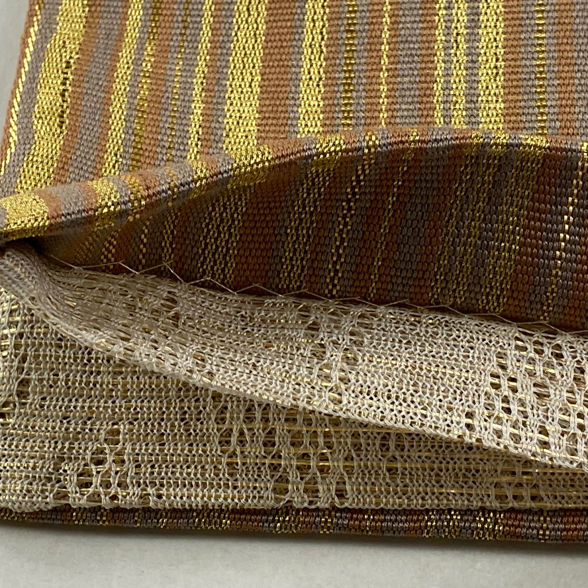 【美品】 袋帶 逸品級 條紋 幾何圖案 金絲 茶色 大鼓圖案 純蠶絲