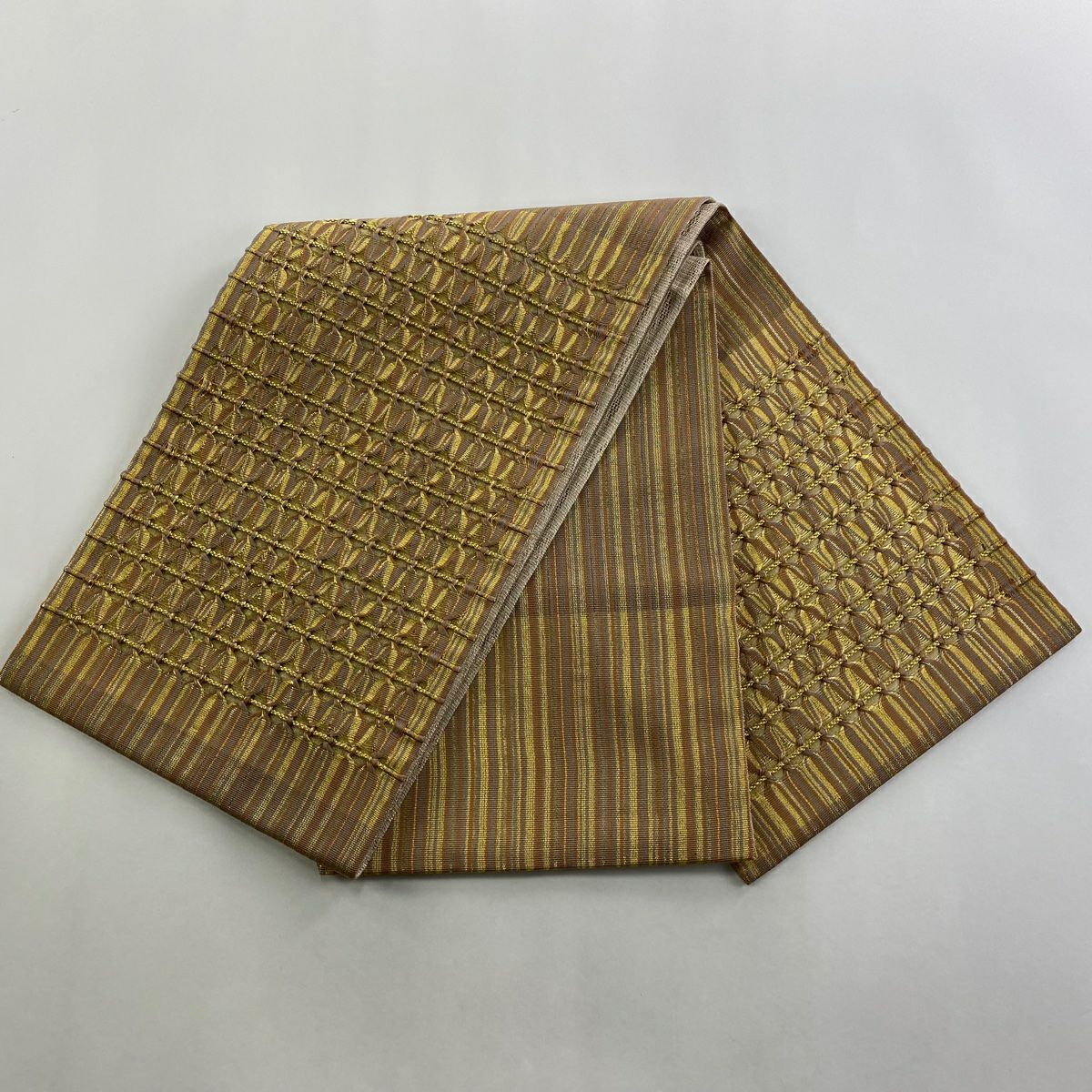 【美品】 袋帶 逸品級 條紋 幾何圖案 金絲 茶色 大鼓圖案 純蠶絲