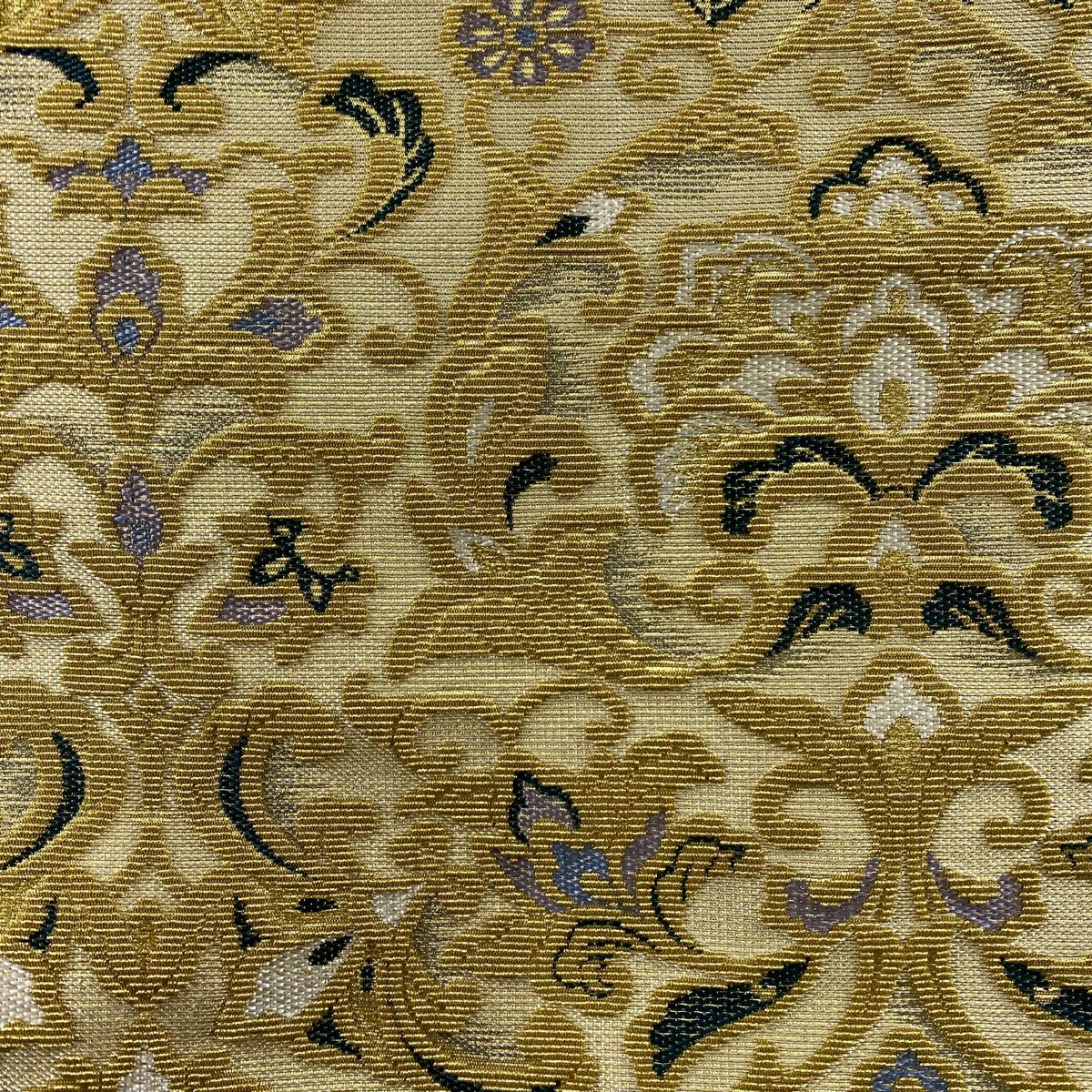 【美品】 袋帶 逸品級 草花紋 花唐草紋 輪奈織 金絲 金色 全通 純蠶絲
