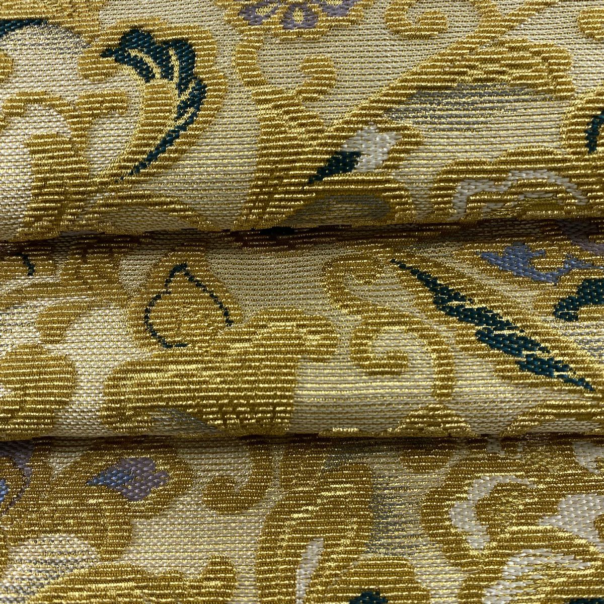 【美品】 袋帶 逸品級 草花紋 花唐草紋 輪奈織 金絲 金色 全通 純蠶絲