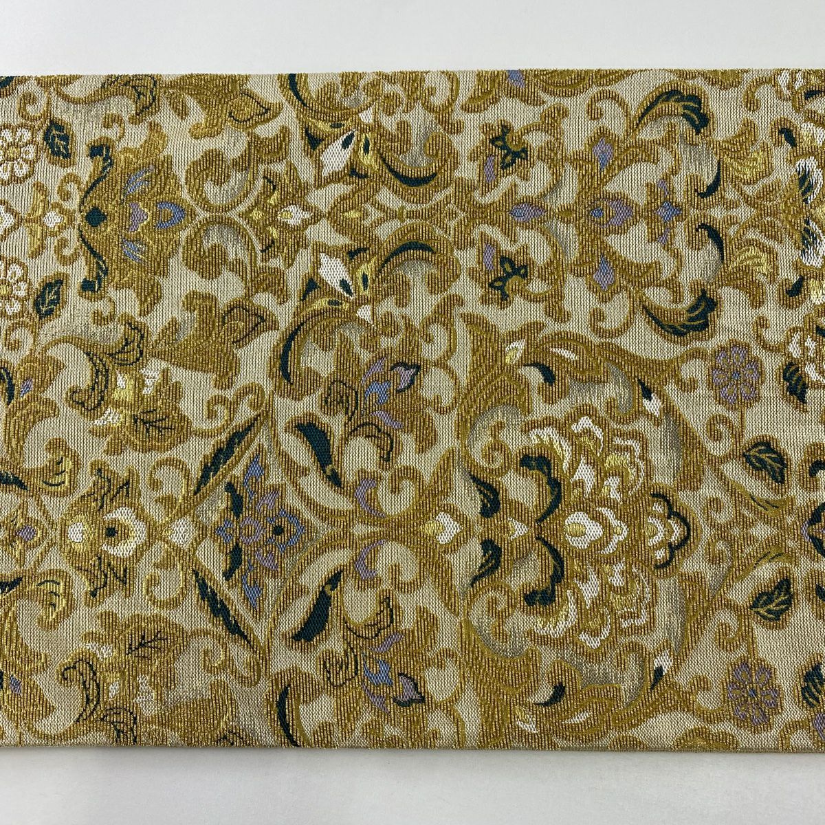 【美品】 袋帶 逸品級 草花紋 花唐草紋 輪奈織 金絲 金色 全通 純蠶絲
