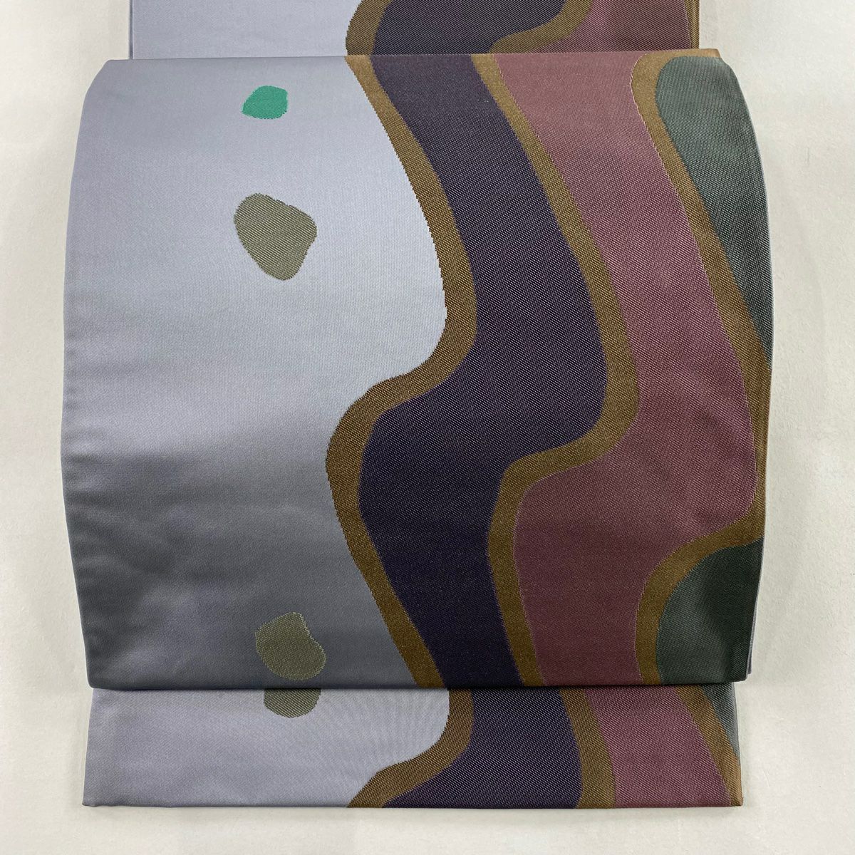 【美品】 袋帶 逸品級 辻村ジュサブロー 落款あり 流水 幾何學圖案 灰色 六通 純蠶絲