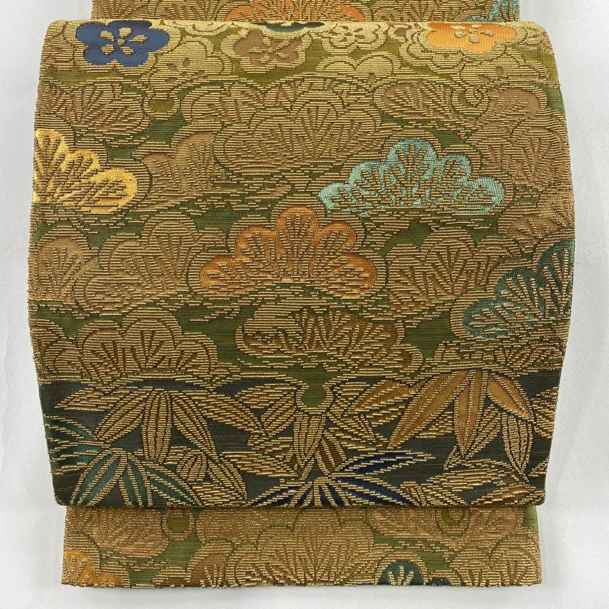 【美品】 袋帶 逸品級 花井幸子 落款あり 金華山織 松樹竹子梅花 金金箔 金糸 蓬色 六通 純蠶絲