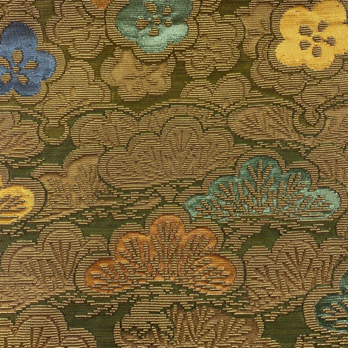 【美品】 袋帶 逸品級 花井幸子 落款あり 金華山織 松樹竹子梅花 金金箔 金糸 蓬色 六通 純蠶絲