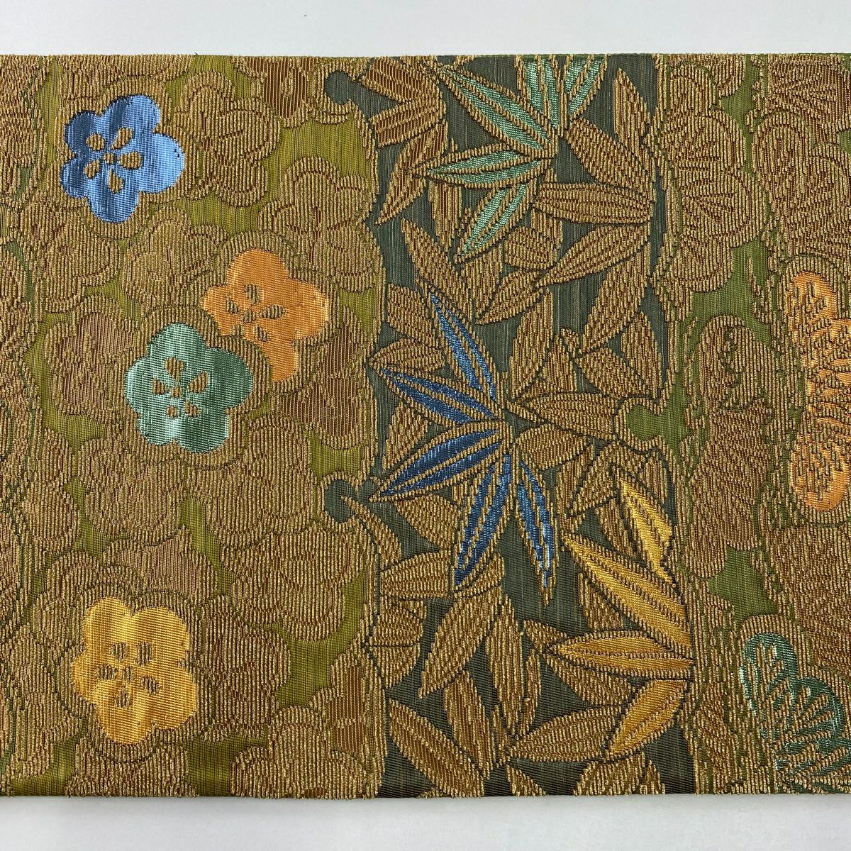 【美品】 袋帶 逸品級 花井幸子 落款あり 金華山織 松樹竹子梅花 金金箔 金糸 蓬色 六通 純蠶絲