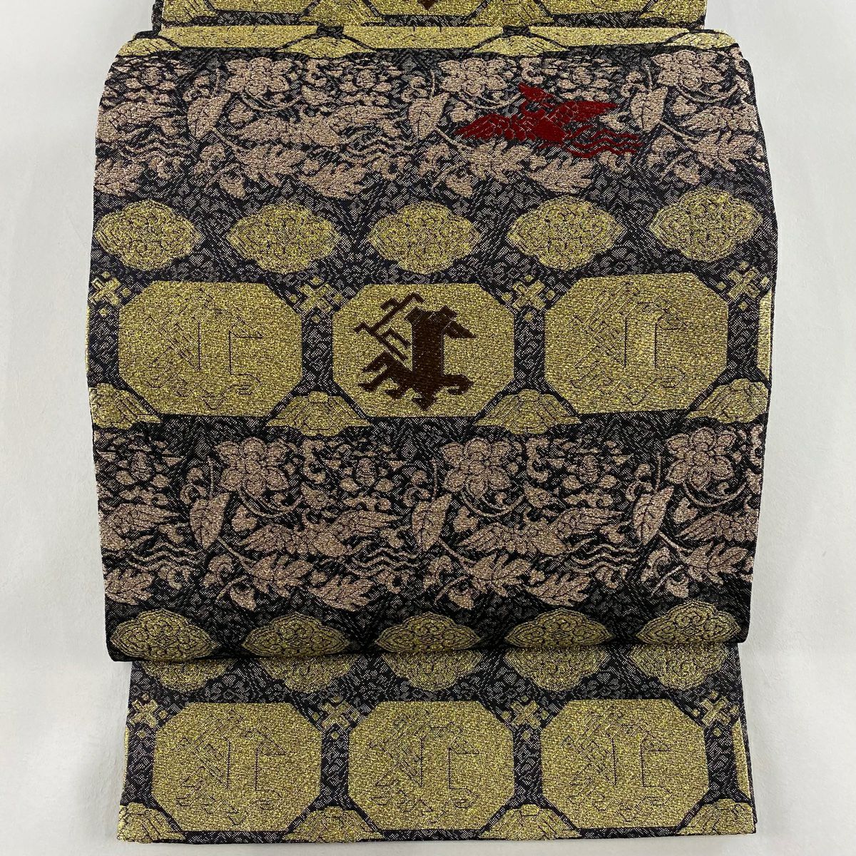 【庫存清倉】 【美品】 袋帶 名品級 動物 草花紋紋 金金箔 黑 六通 純蠶絲