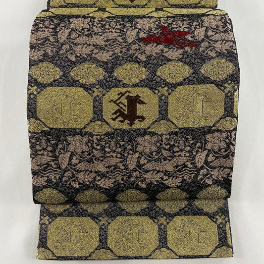 【庫存清倉】 【美品】 袋帶 名品級 動物 草花紋紋 金金箔 黑 六通 純蠶絲