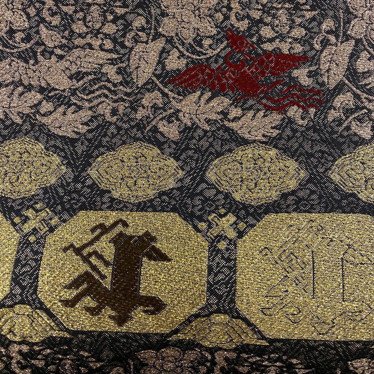 【庫存清倉】 【美品】 袋帶 名品級 動物 草花紋紋 金金箔 黑 六通 純蠶絲
