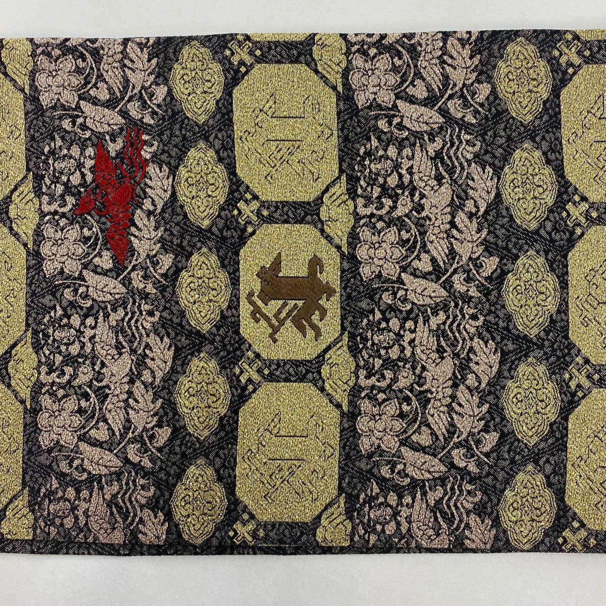 【庫存清倉】 【美品】 袋帶 名品級 動物 草花紋紋 金金箔 黑 六通 純蠶絲