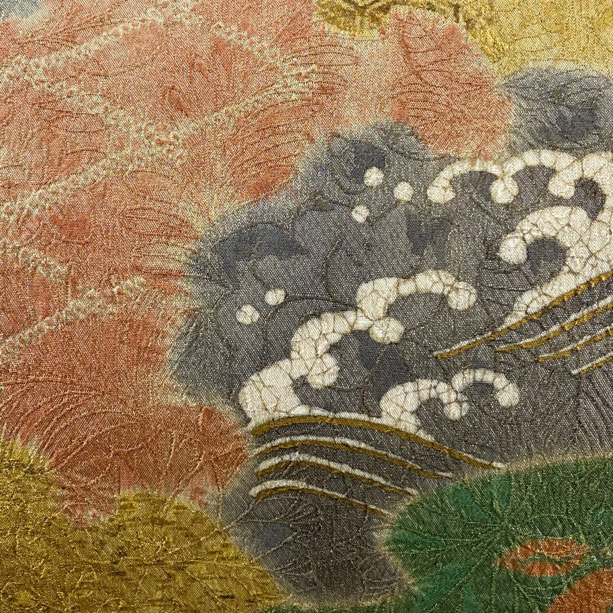 【庫存清倉】 袋帶 名品級 波頭 笹 金銀彩 金銀線 灰色 大鼓圖案 純蠶絲