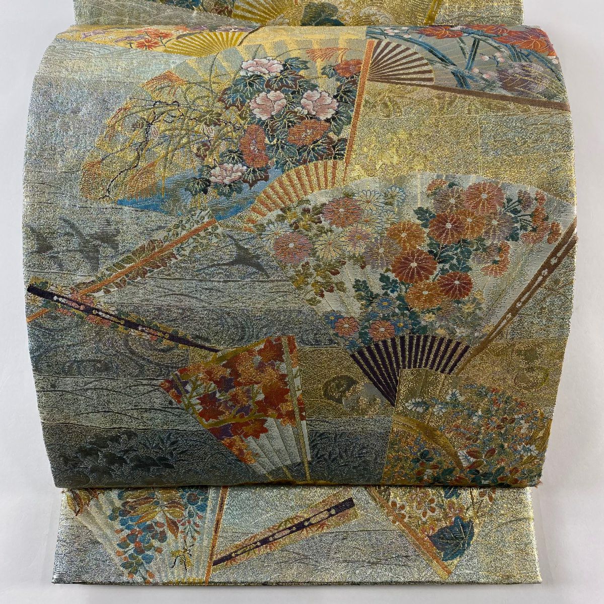 【庫存清倉】 袋帶 名品級 琳派三十六華扇子 扇子 草花紋 金絲 金金箔 金色 大鼓圖案 純蠶絲