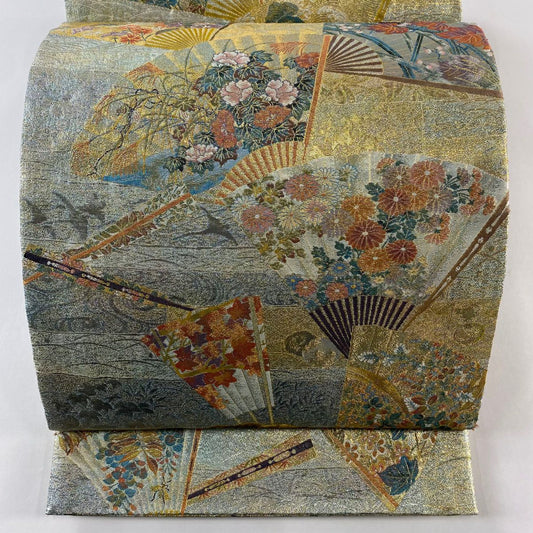 【庫存清倉】 袋帶 名品級 琳派三十六華扇子 扇子 草花紋 金絲 金金箔 金色 大鼓圖案 純蠶絲