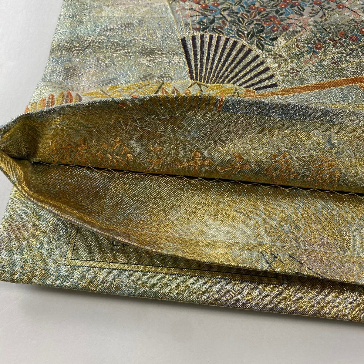【庫存清倉】 袋帶 名品級 琳派三十六華扇子 扇子 草花紋 金絲 金金箔 金色 大鼓圖案 純蠶絲
