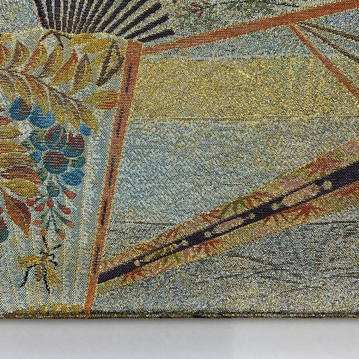 【庫存清倉】 袋帶 名品級 琳派三十六華扇子 扇子 草花紋 金絲 金金箔 金色 大鼓圖案 純蠶絲