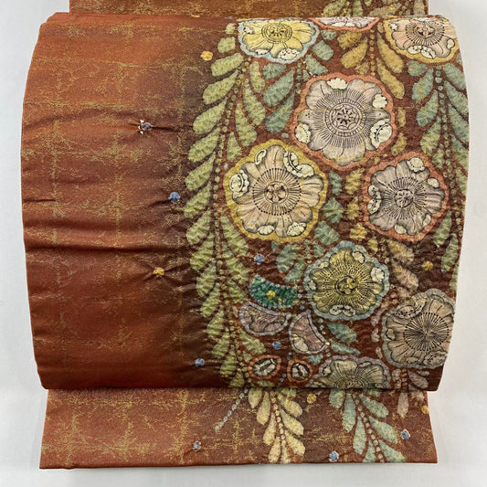 【庫存清倉】 袋帶 名品級 附落款 辻花染 金絲 金金箔 紅茶 大鼓圖案 純蠶絲