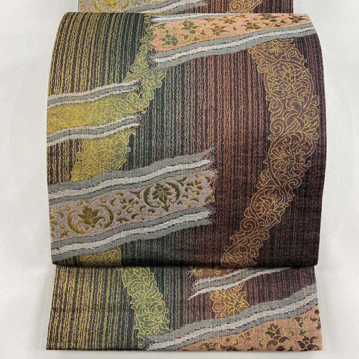 【清倉特賣】 【美品】 袋帶 名品級 花唐草紋 縞 金金箔 漸層 茶綠 六通 純蠶絲