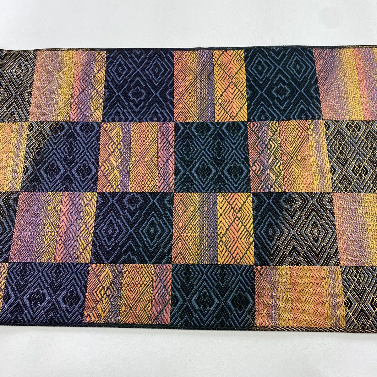 【庫存清倉】 【美品】 袋帶 名品級 變形市松樹 幾何圖案 深藍 六通 純蠶絲