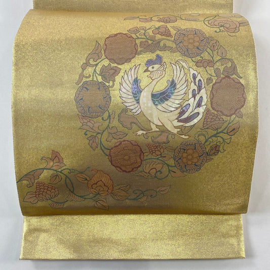 【庫存清倉】 袋帶 名品級 附落款 香織絲 鳳凰 花唐草紋 金金箔 螺鈿金金箔 金色 大鼓圖案 純蠶絲