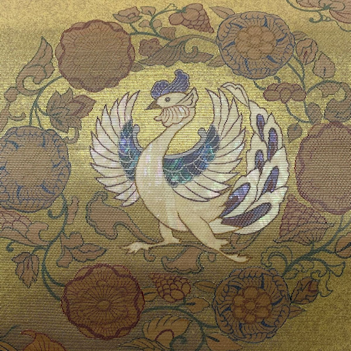 【庫存清倉】 袋帶 名品級 附落款 香織絲 鳳凰 花唐草紋 金金箔 螺鈿金金箔 金色 大鼓圖案 純蠶絲