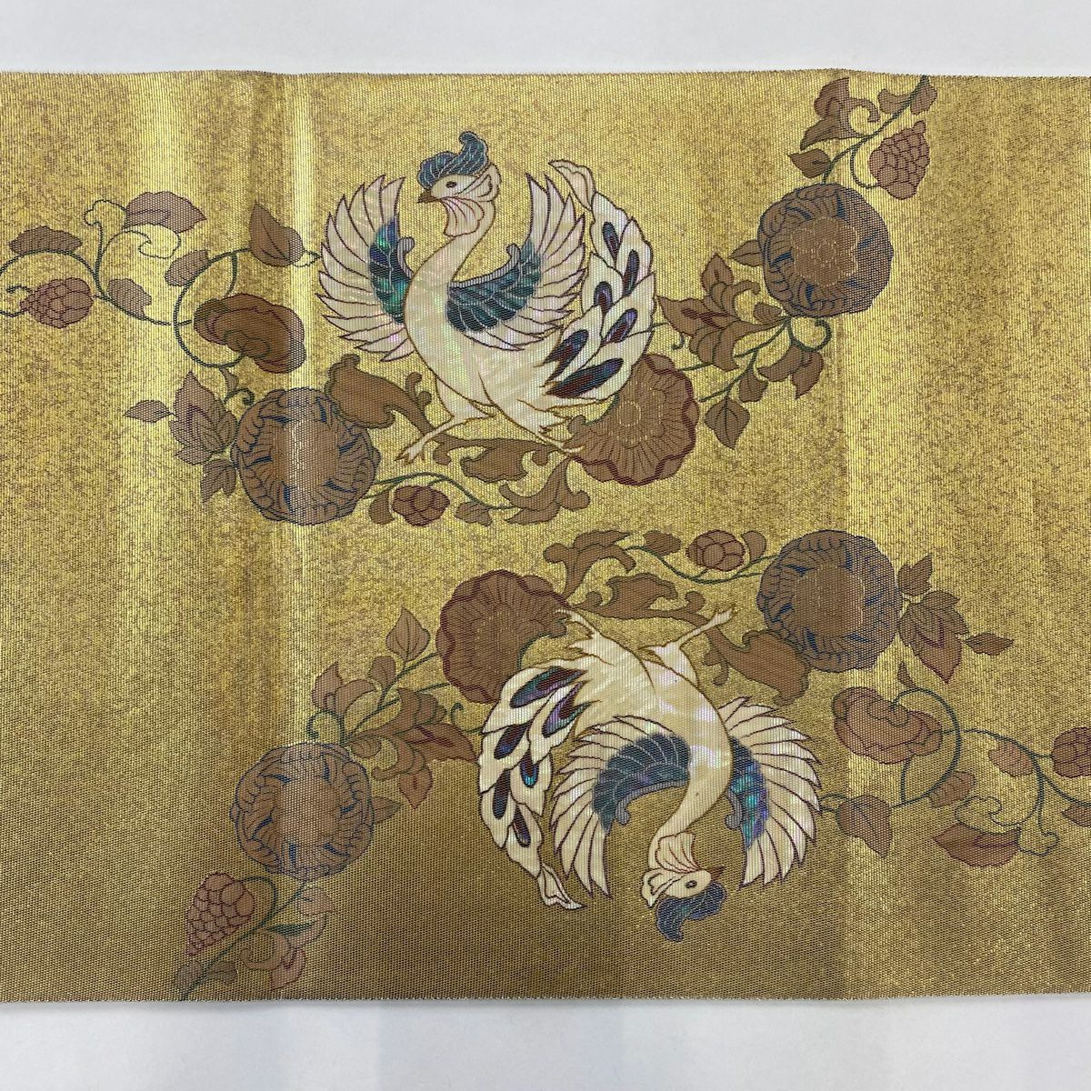 【庫存清倉】 袋帶 名品級 附落款 香織絲 鳳凰 花唐草紋 金金箔 螺鈿金金箔 金色 大鼓圖案 純蠶絲