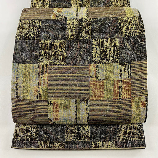 【庫存清倉】 【美品】 袋帶 名品級 市松樹 幾何圖案 金絲 金金箔 墨色 六通 純蠶絲