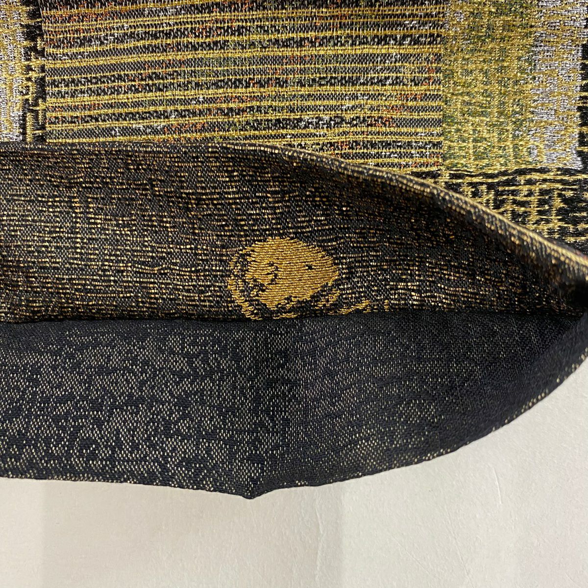 【庫存清倉】 【美品】 袋帶 名品級 市松樹 幾何圖案 金絲 金金箔 墨色 六通 純蠶絲