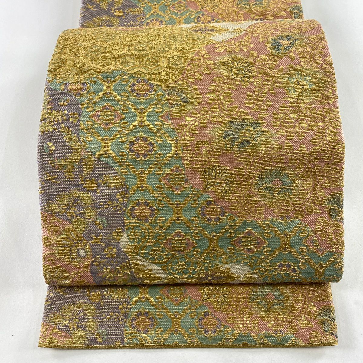 【庫存清倉】 【美品】 袋帶 名品級 草花紋紋 菱形 金絲 粉紅 全通 純蠶絲