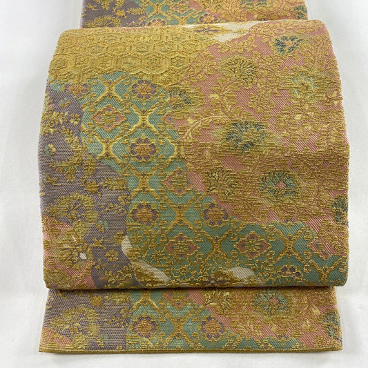【庫存清倉】 【美品】 袋帶 名品級 草花紋紋 菱形 金絲 粉紅 全通 純蠶絲