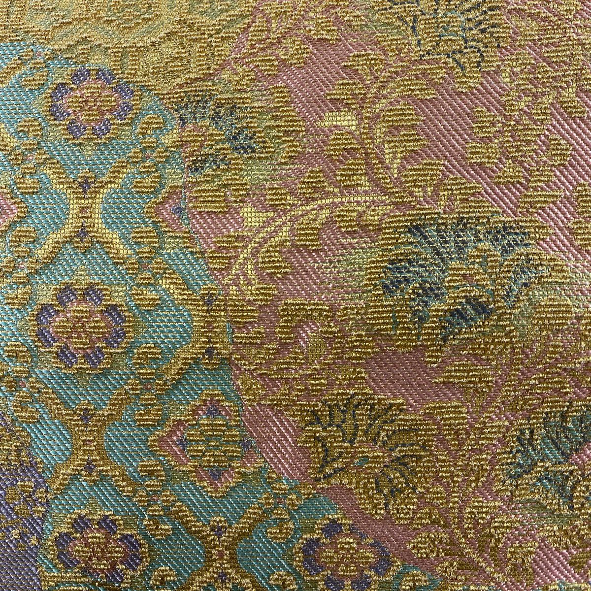 【庫存清倉】 【美品】 袋帶 名品級 草花紋紋 菱形 金絲 粉紅 全通 純蠶絲