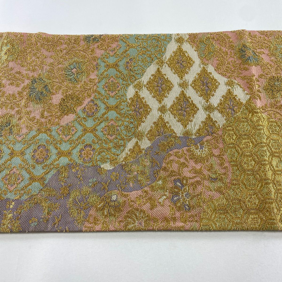 【庫存清倉】 【美品】 袋帶 名品級 草花紋紋 菱形 金絲 粉紅 全通 純蠶絲