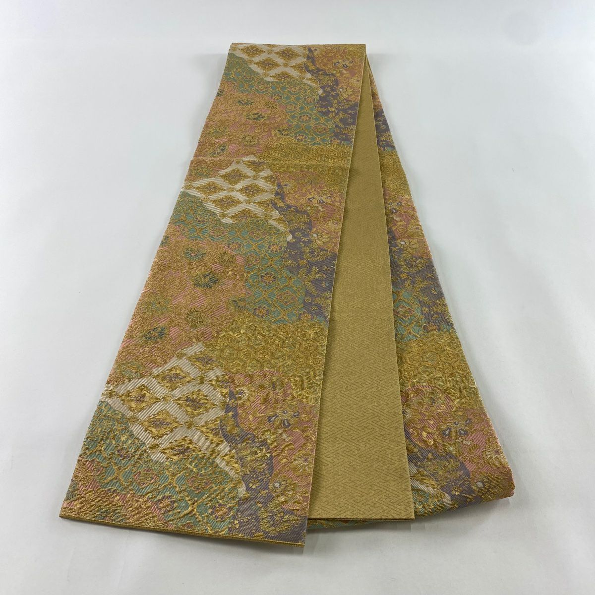 【庫存清倉】 【美品】 袋帶 名品級 草花紋紋 菱形 金絲 粉紅 全通 純蠶絲