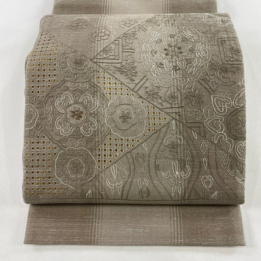 【庫存清倉】 袋帶 名品級 紬織織 華紋 刺繡 灰茶 お太鼓圖案 純蠶絲