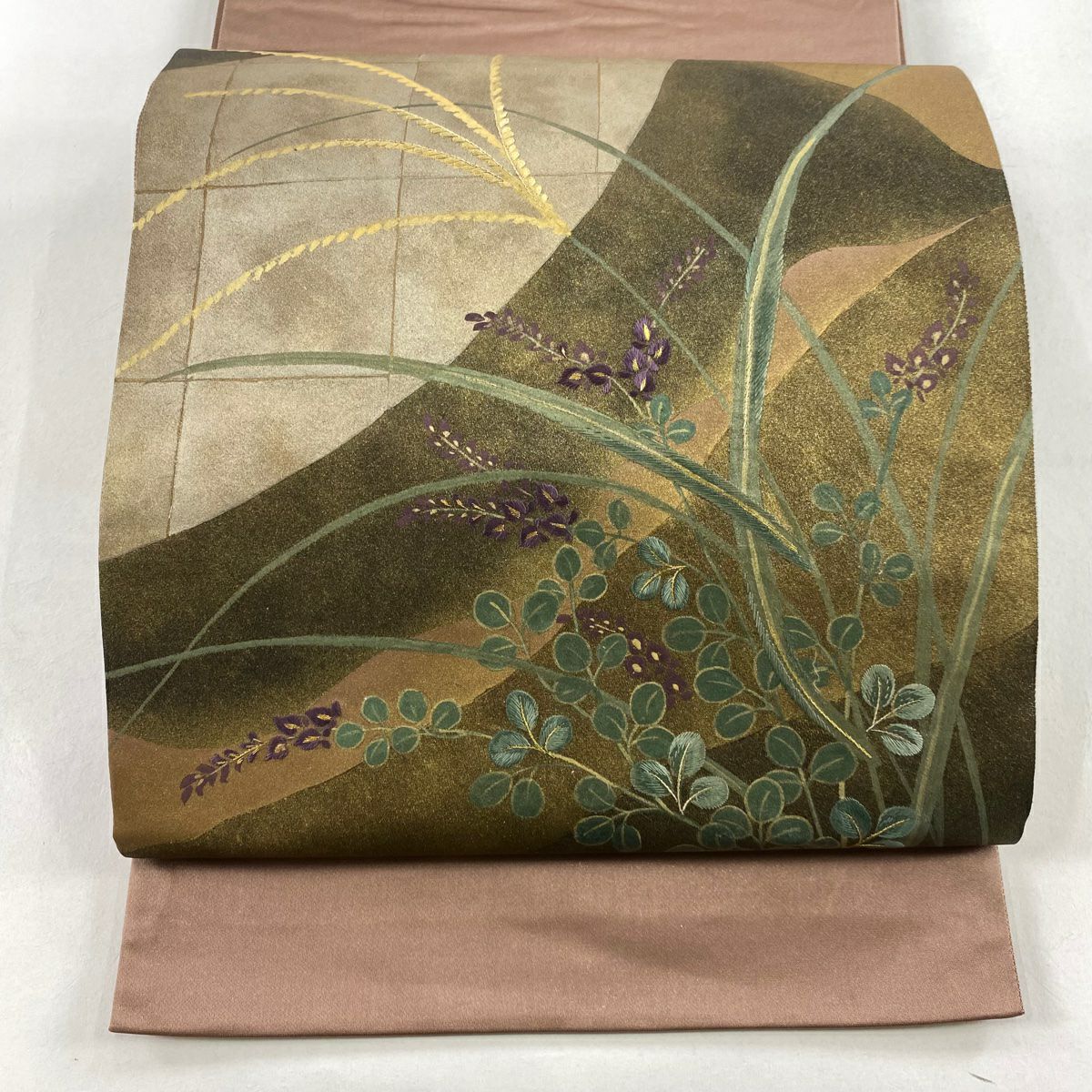 【庫存清倉】 袋帶 名品級 附落款 草花紋 金絲 刺繡 小豆色 大鼓圖案 純蠶絲