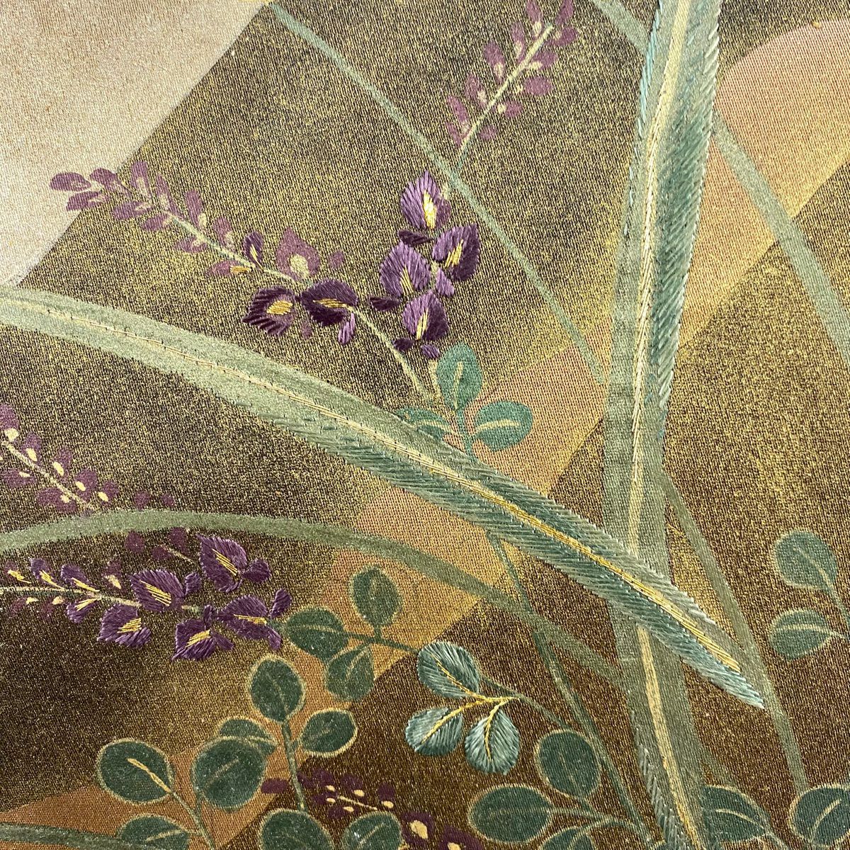 【庫存清倉】 袋帶 名品級 附落款 草花紋 金絲 刺繡 小豆色 大鼓圖案 純蠶絲