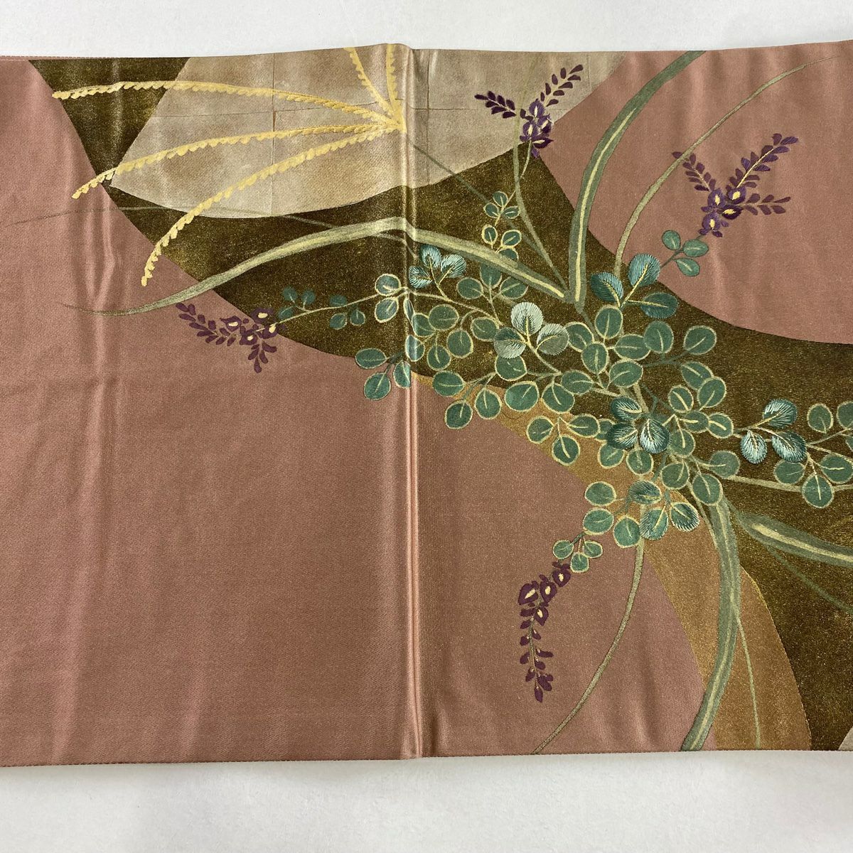 【庫存清倉】 袋帶 名品級 附落款 草花紋 金絲 刺繡 小豆色 大鼓圖案 純蠶絲