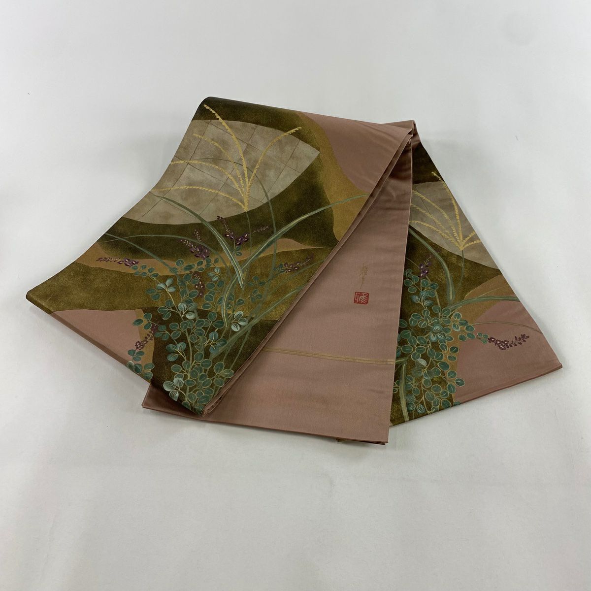 【庫存清倉】 袋帶 名品級 附落款 草花紋 金絲 刺繡 小豆色 大鼓圖案 純蠶絲