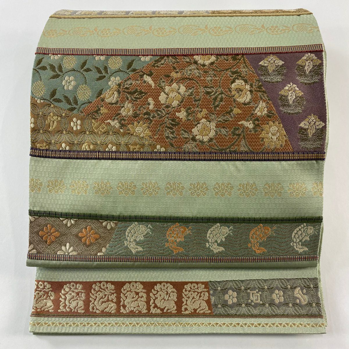 袋帶 秀品級 花唐草紋 荒磯 金糸 刺繡 薄綠 六通 純蠶絲