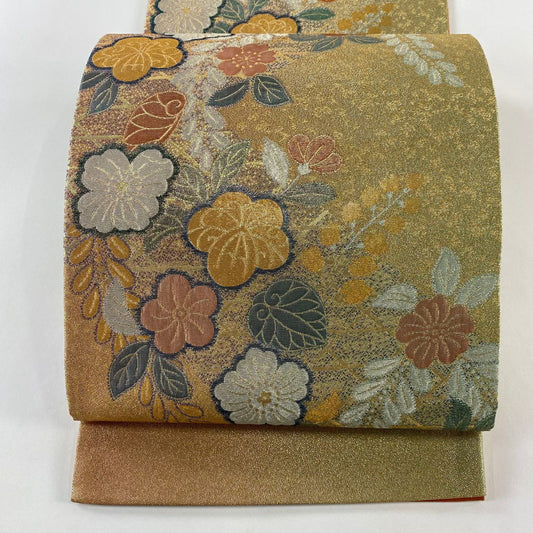 袋帶 秀品級 辻花染 金絲 金金箔 淺橙 六通 純蠶絲