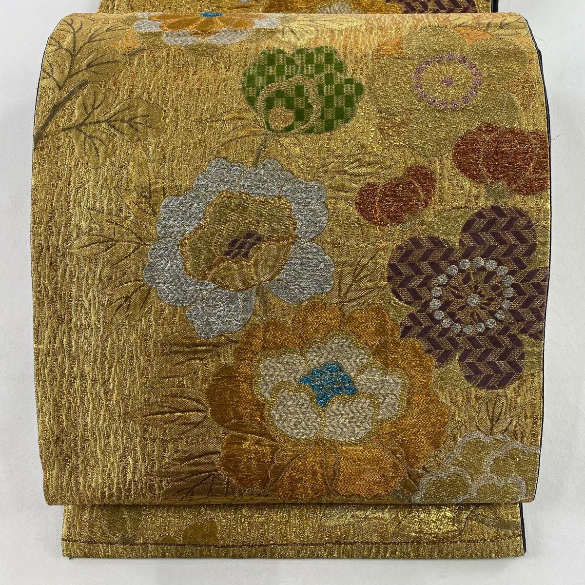 袋帶 秀品級 草花紋紋 金金箔 金線 金色 六通 純蠶絲