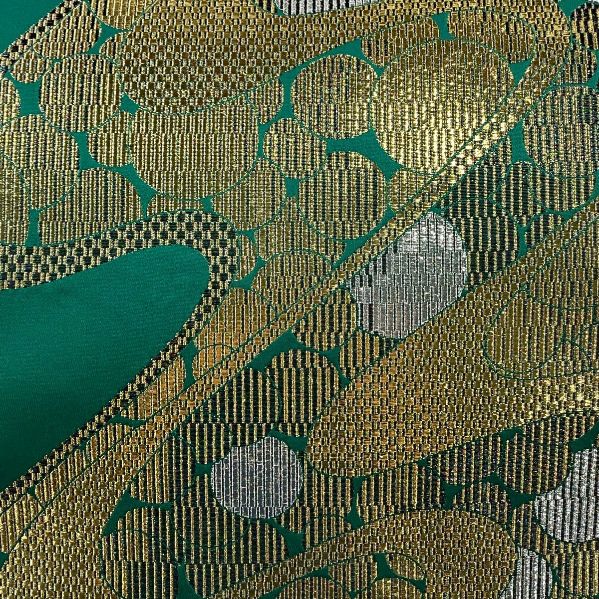【美品】 袋帶 秀品級 幾何學 金金箔 綠 六通 純蠶絲